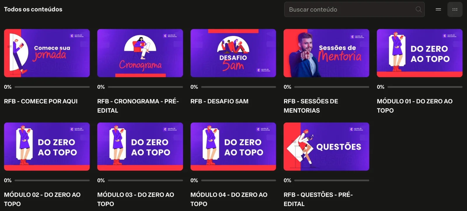 Tela da área do aluno com as trilhas Comece por aqui, Cronograma, Desafio 5AM, Sessões de Mentoria, Do Zero ao Topo e Questões
